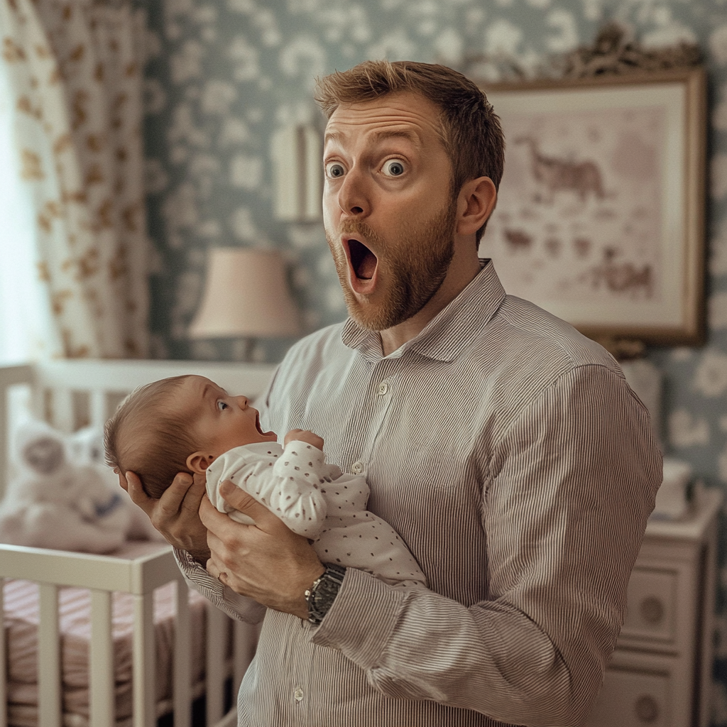 A shocked man carrying a baby | Source: No source