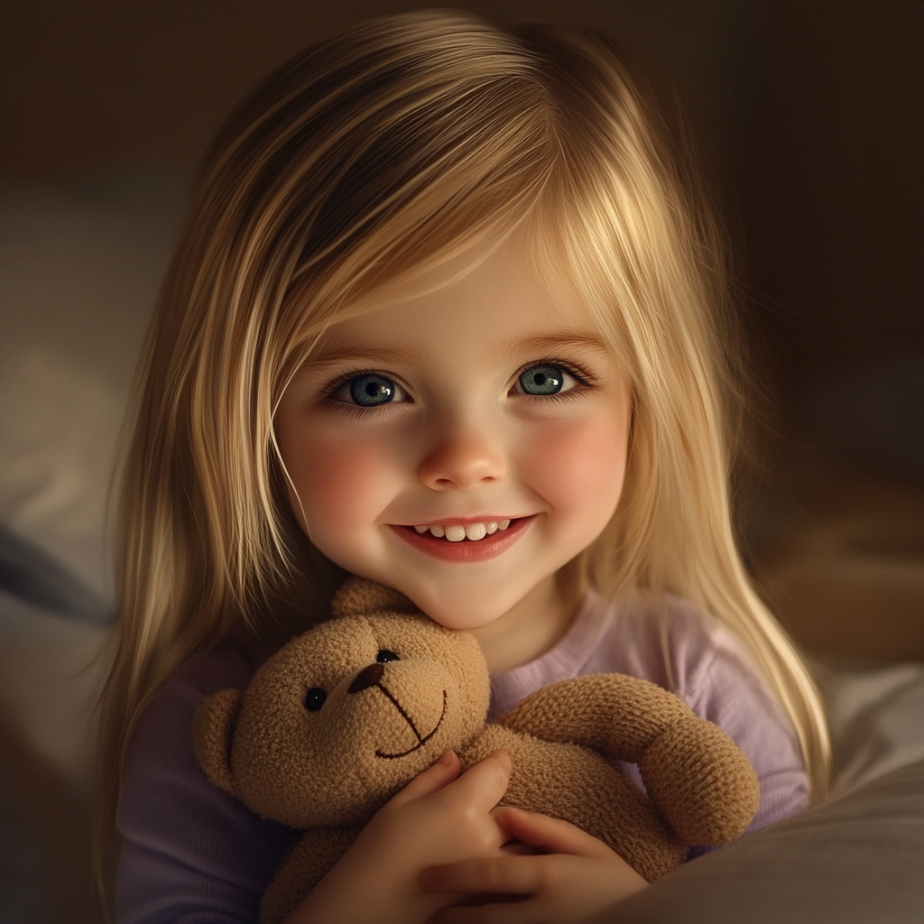 A cheerful little girl holding a teddy bear | Source: no source