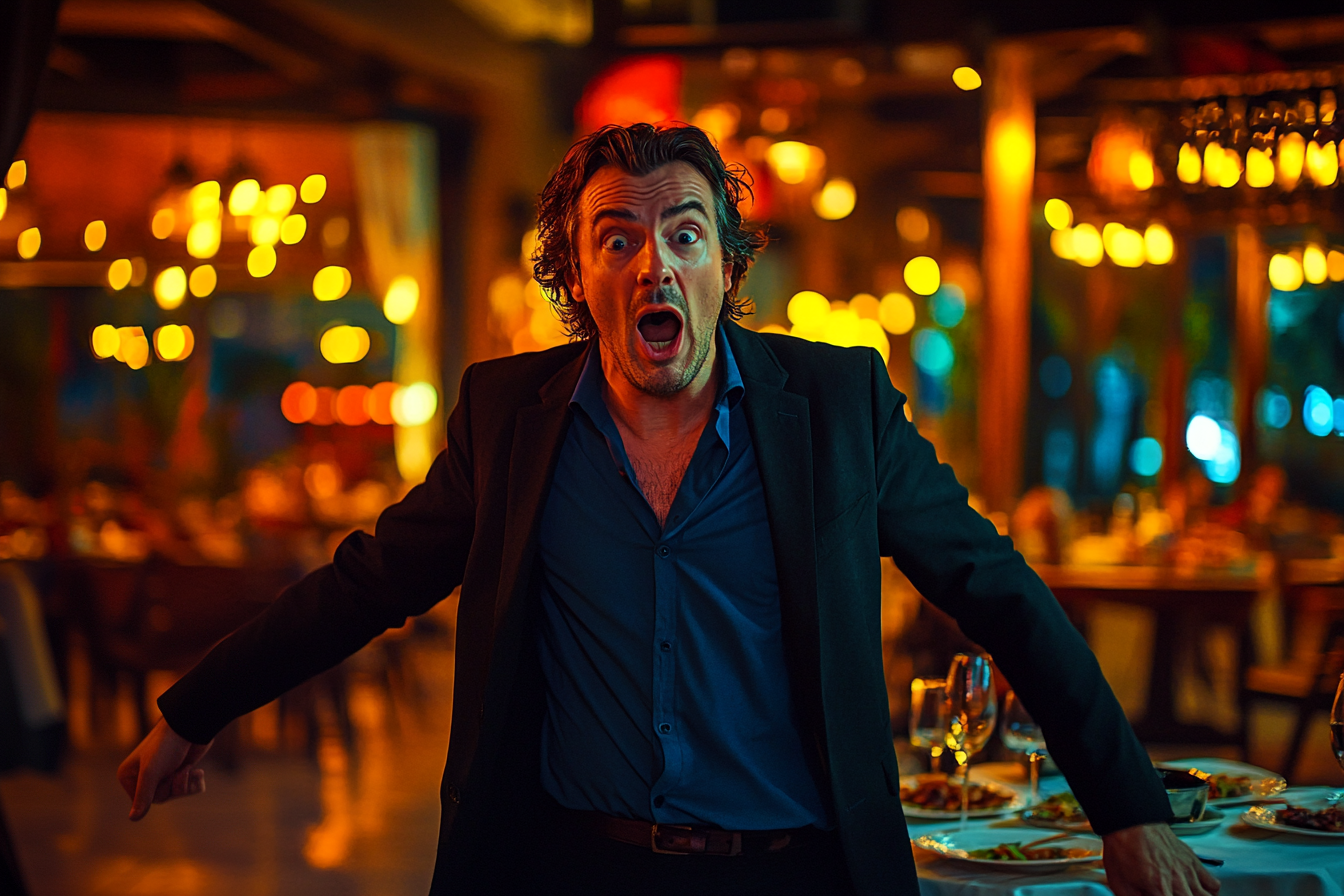 Man in a restaurant looking shocked | Source: No source