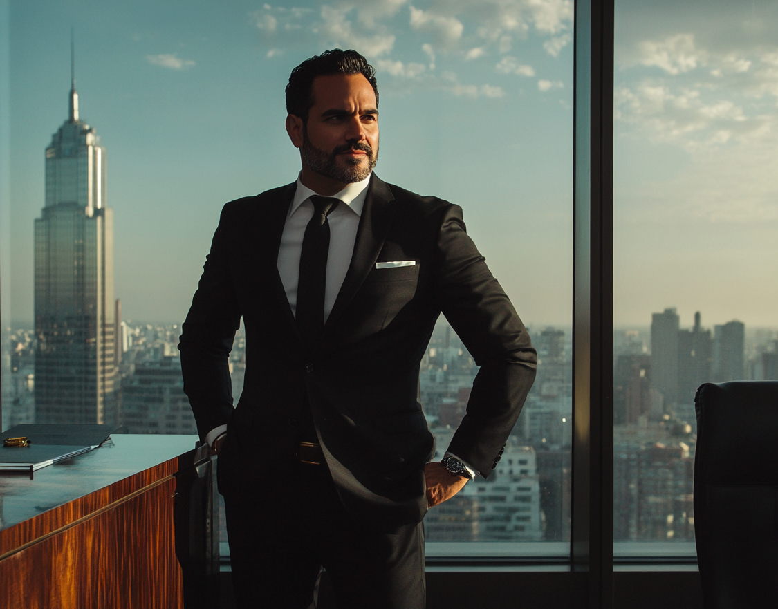 A man in an expensive suit standing in front of a mahogany desk, smirking | Source: no source