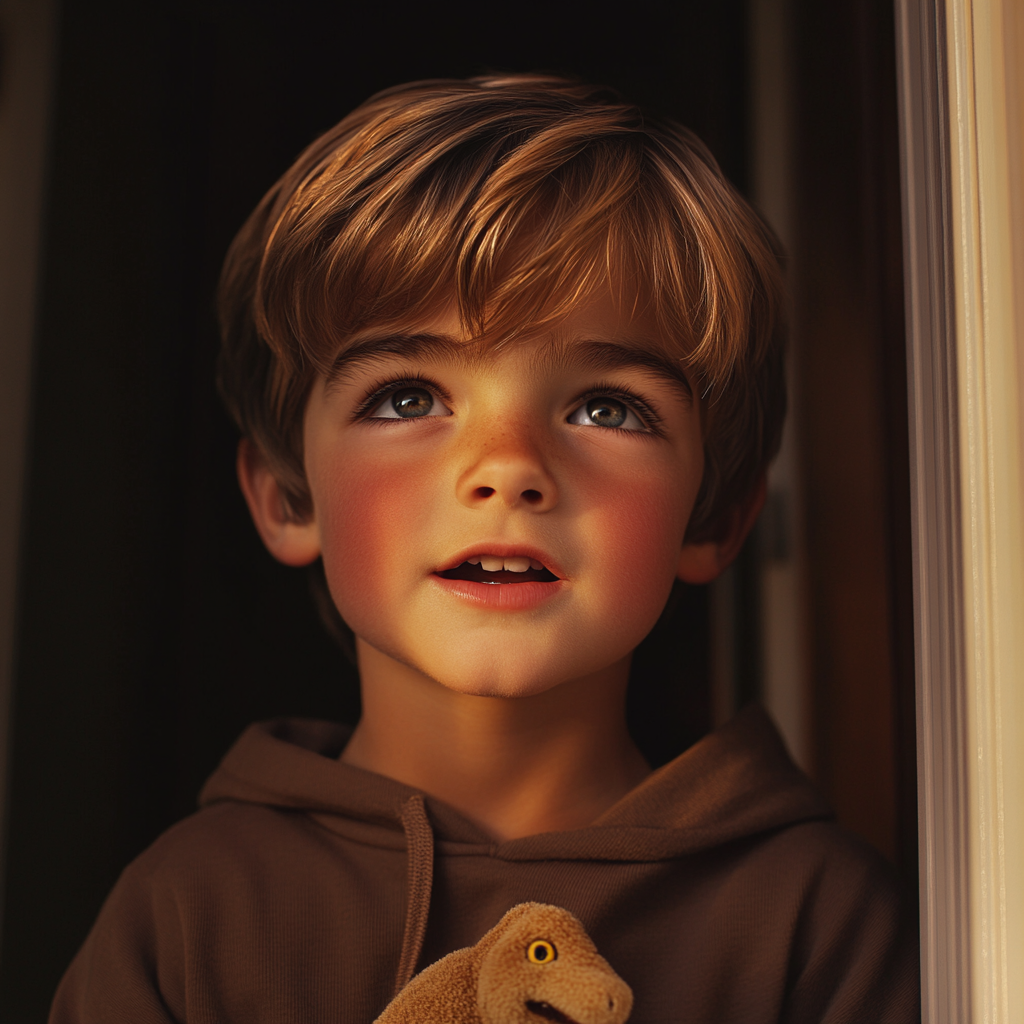 A delighted little boy holding a stuffed dinosaur | Source: no source