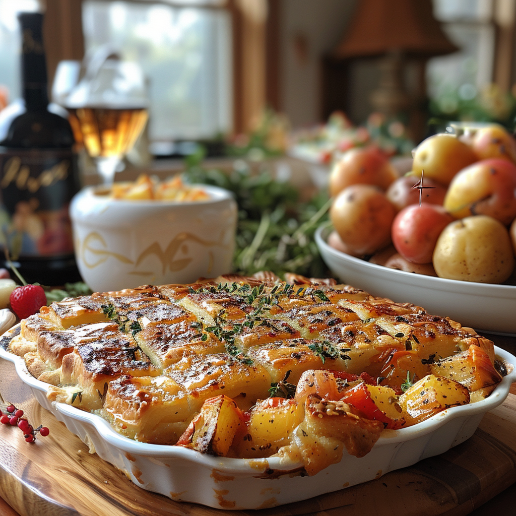 Pie and roasted vegetables on the dinner table | Source: No source
