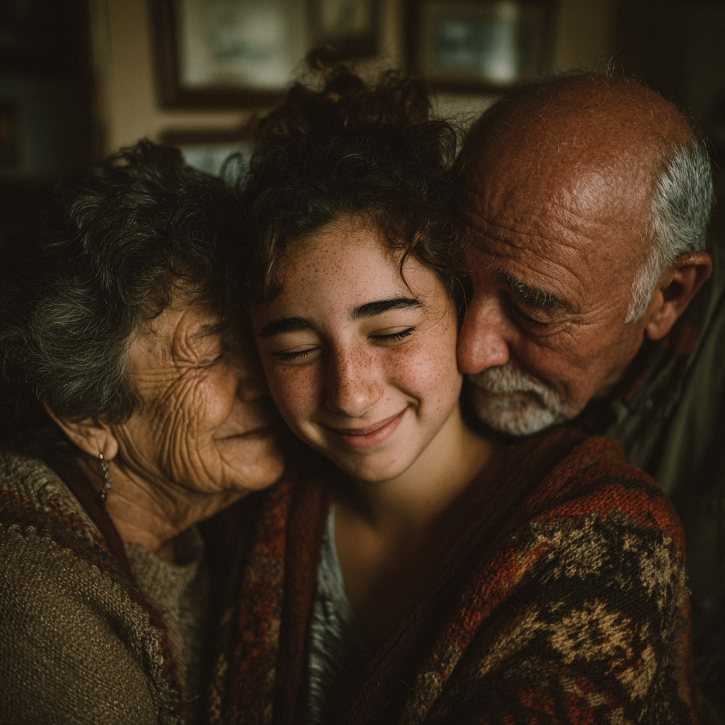 Grandparents hugging their granddaughter | Source: No source