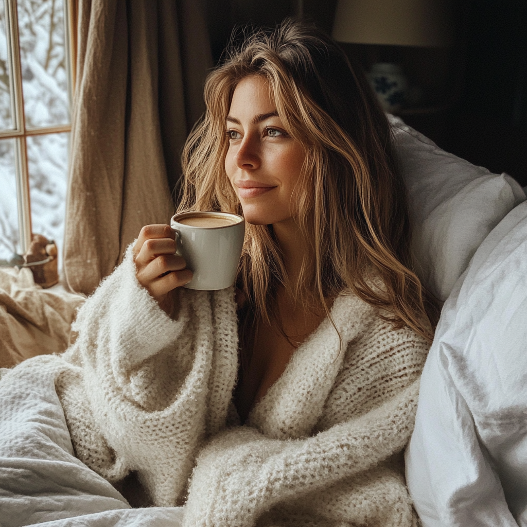 A woman sitting in bed with a cup of coffee | Source: No source