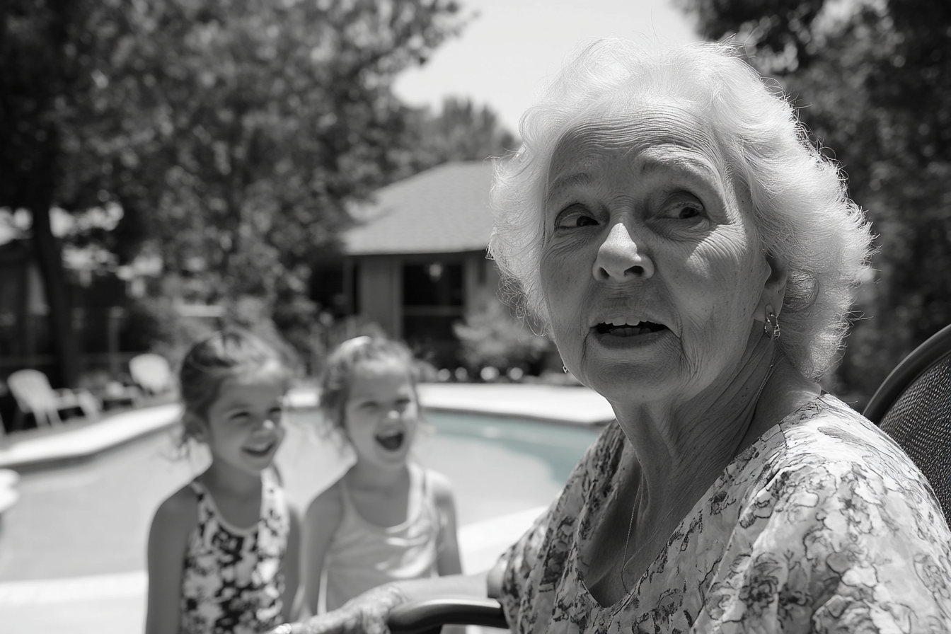 Children standing by the pool, laughing at a senior woman | Source: No source