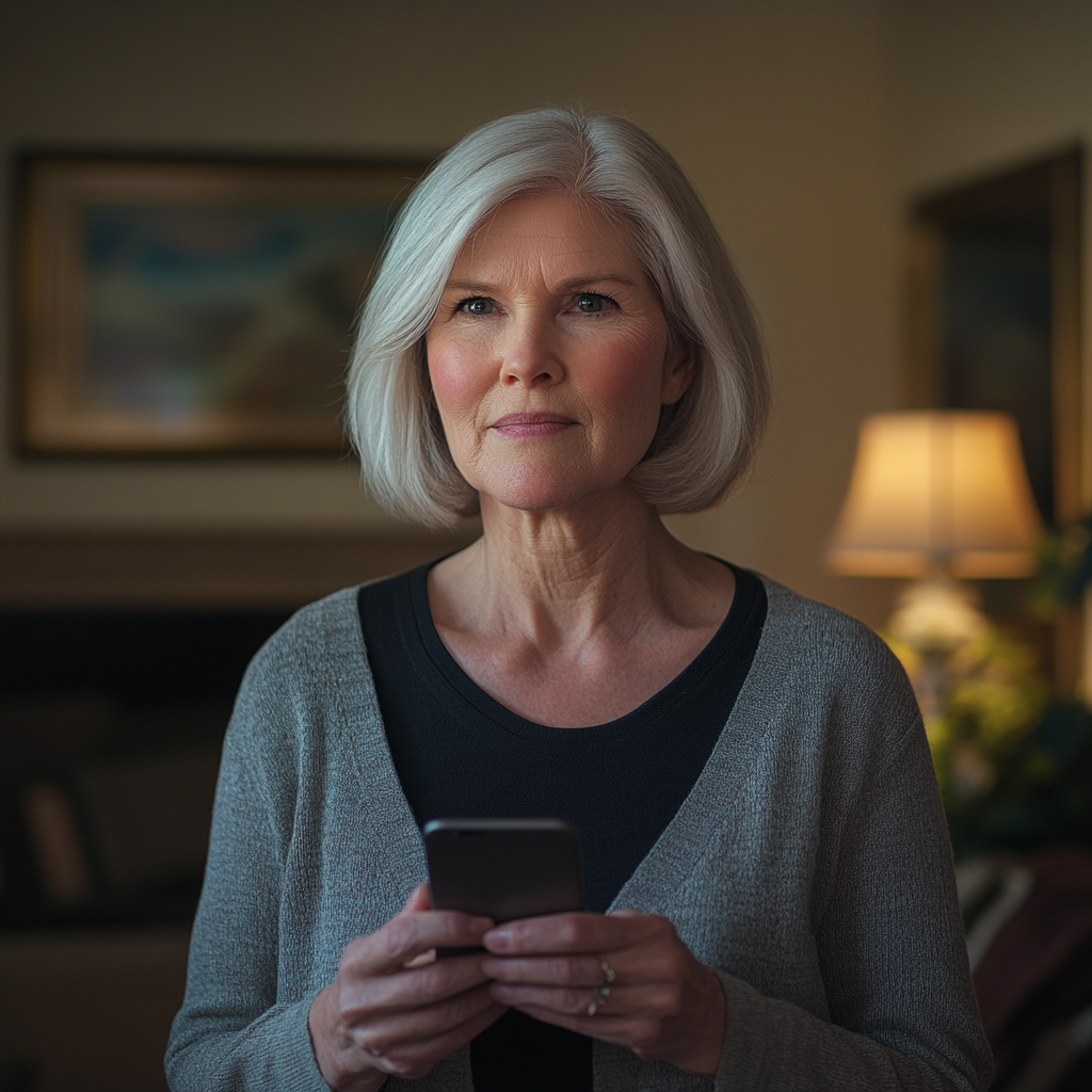 An apologetic senior woman holding her phone | Source: No source
