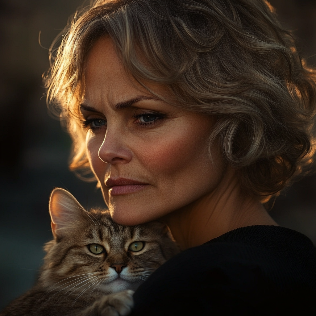 A compassionate senior woman holding a tabby cat | Source: No source