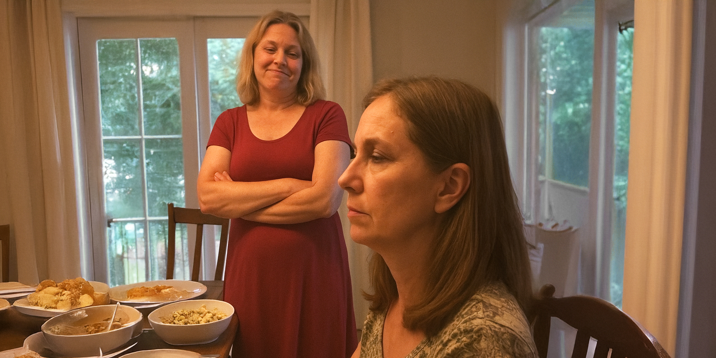Tension brews at the dinner table as one woman looks on smugly while another sits in silence | Source: No source