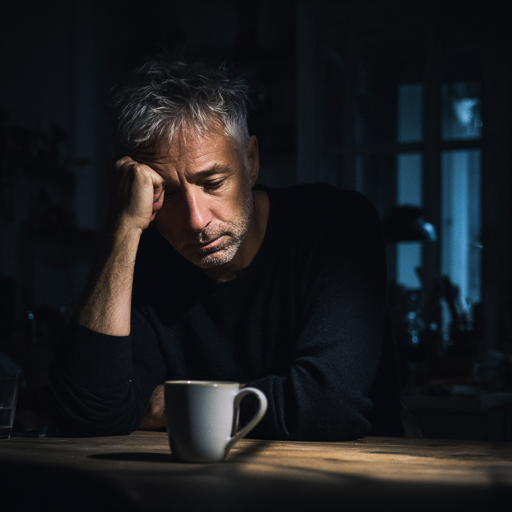 A pensive man sitting at a kitchen table at night | Source: no source