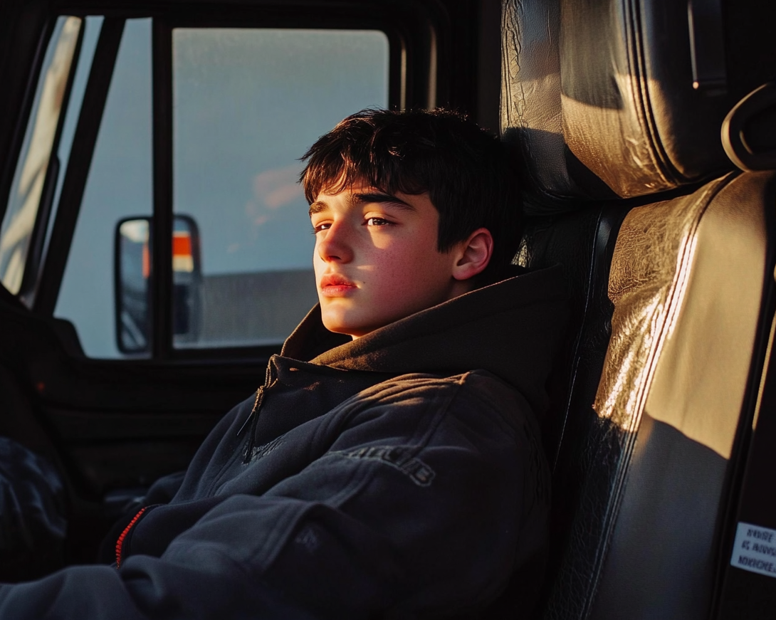 Teenager sitting on the passenger side of a big truck looking sad | Source: No source