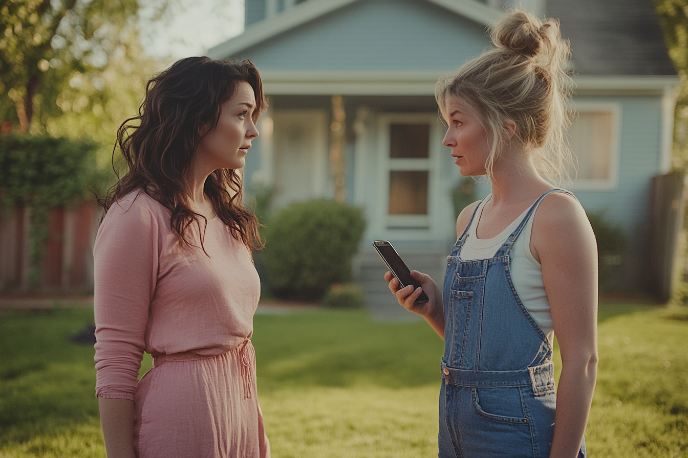 Two women talking on the front lawn of a house, one holding a phone, both looking worried | Source: No source