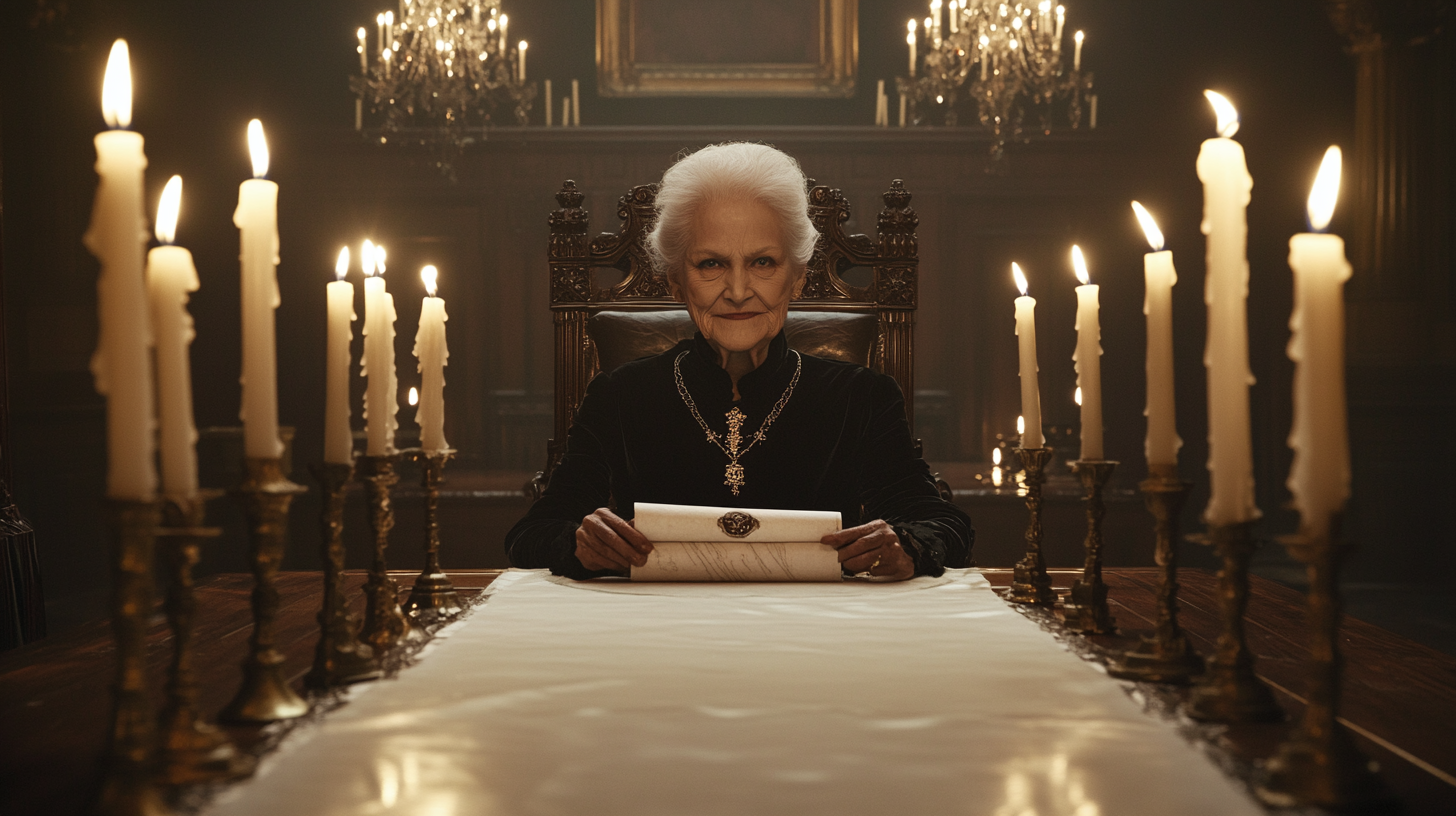 Elderly woman with strict gaze sitting at the table | Source: No source