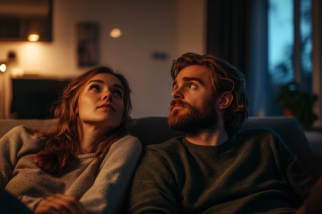 A couple in a living room glancing upwards | Source: no source