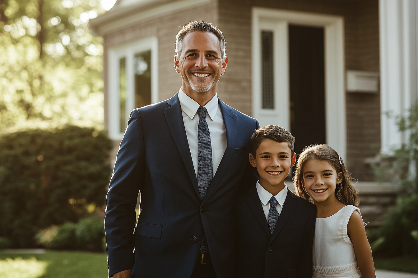 A wealthy man with his two kids smiling in front of a house | Source: No source