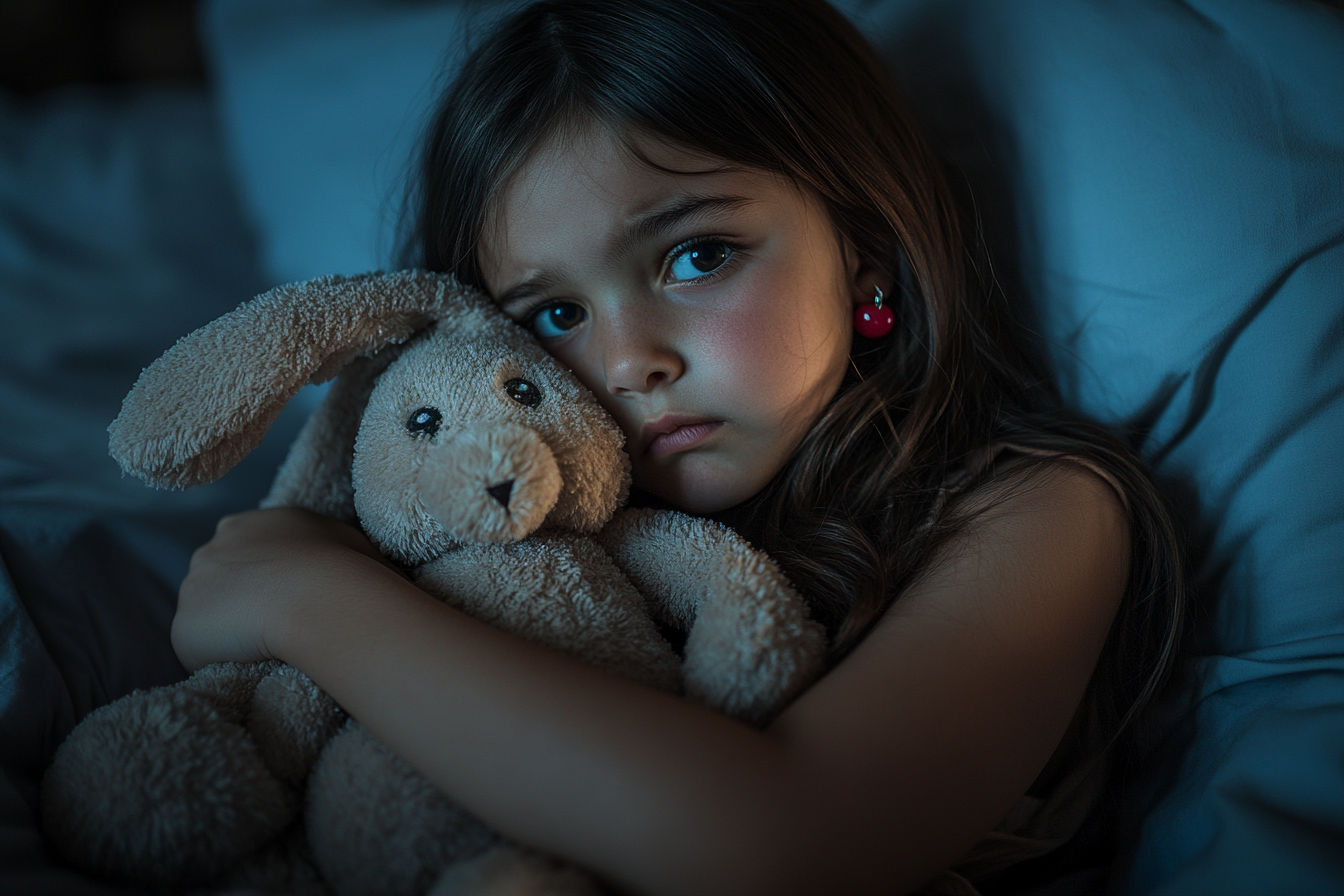 A scared and sad 5-year-old girl clutching a stuffed bunny in bed | Source: No source