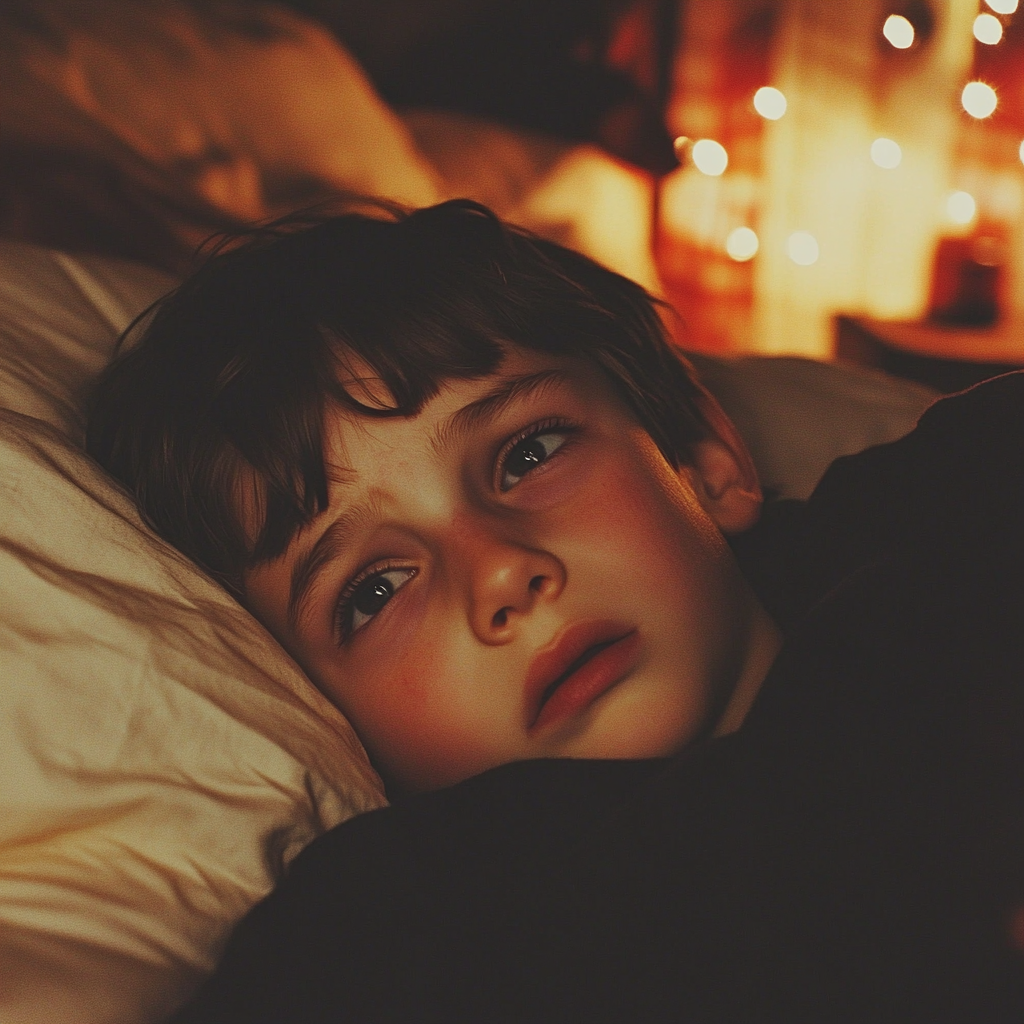 A teary-eyed little boy in bed | Source: no source