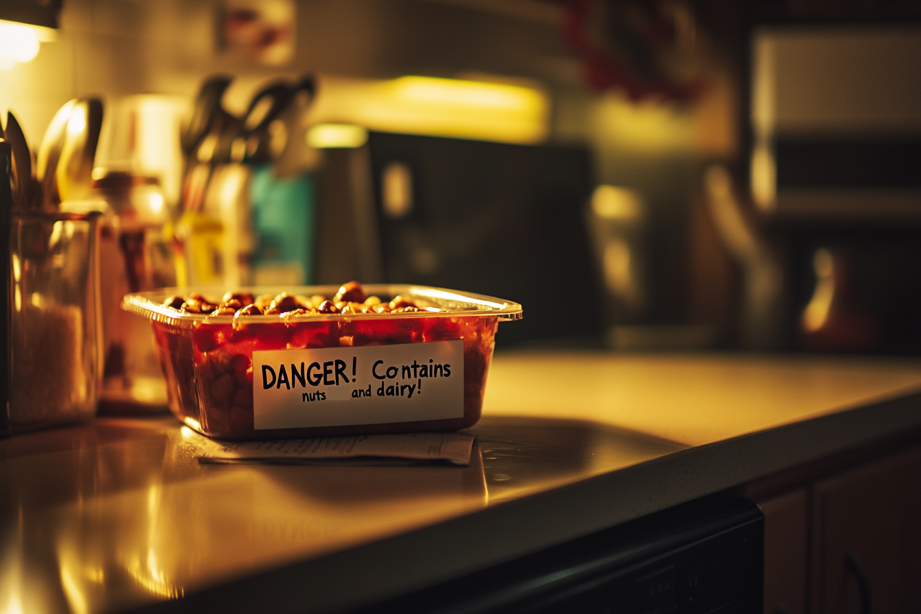 Container of food on top of kitchen counter that says "Danger, contains nuts and dairy" | Source: No source
