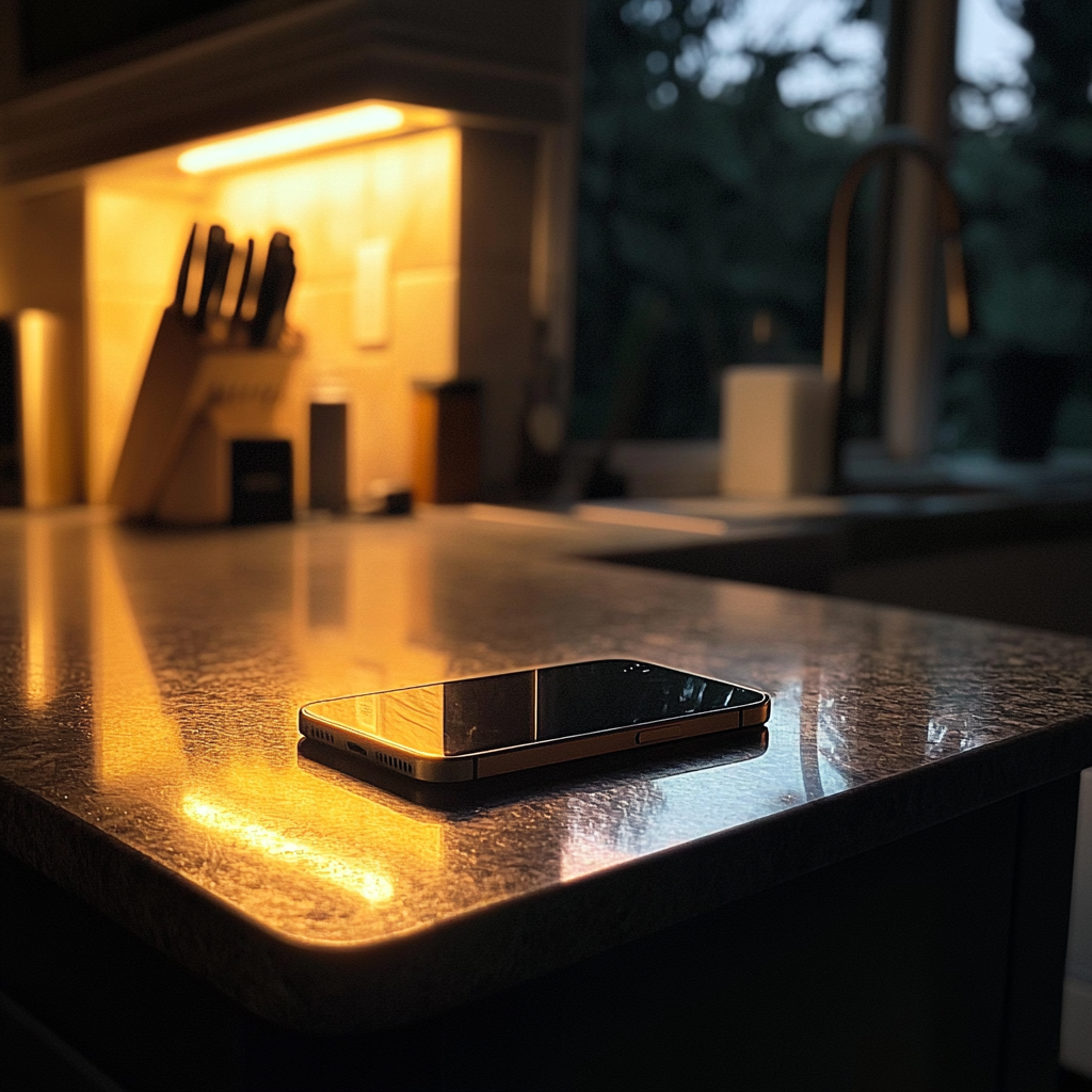 A cellphone on a kitchen counter | Source: no source
