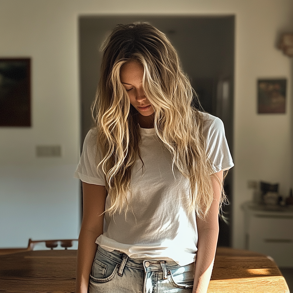 A young woman looking at the floor | Source: No source