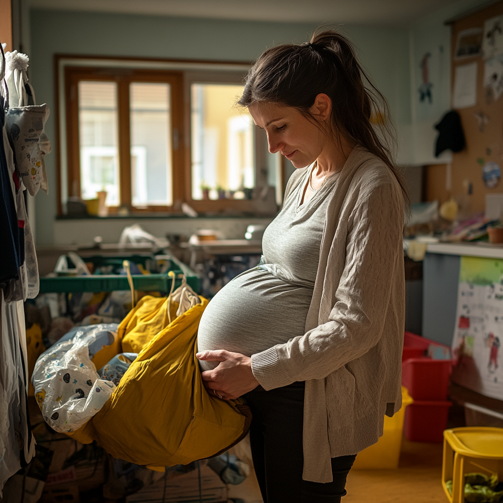 A pregnant woman sorting through stuff | Source: no source