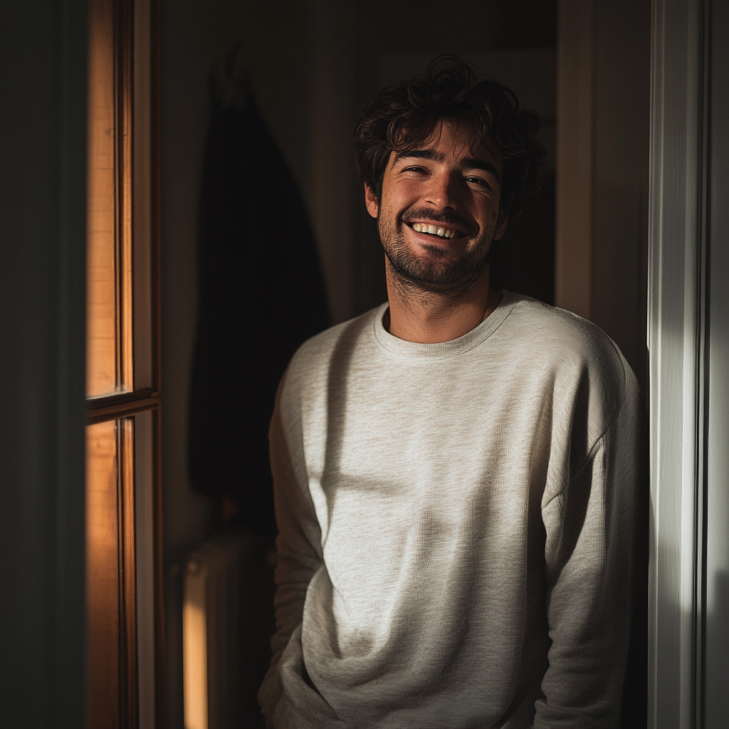 A laughing man standing in the doorway | Source: no source