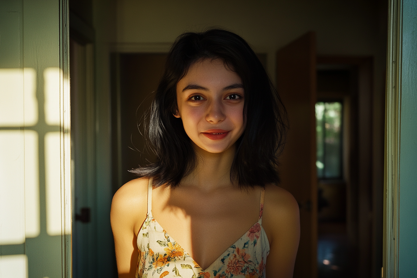 18 year old woman smiling in the doorway of a house | Source: No source