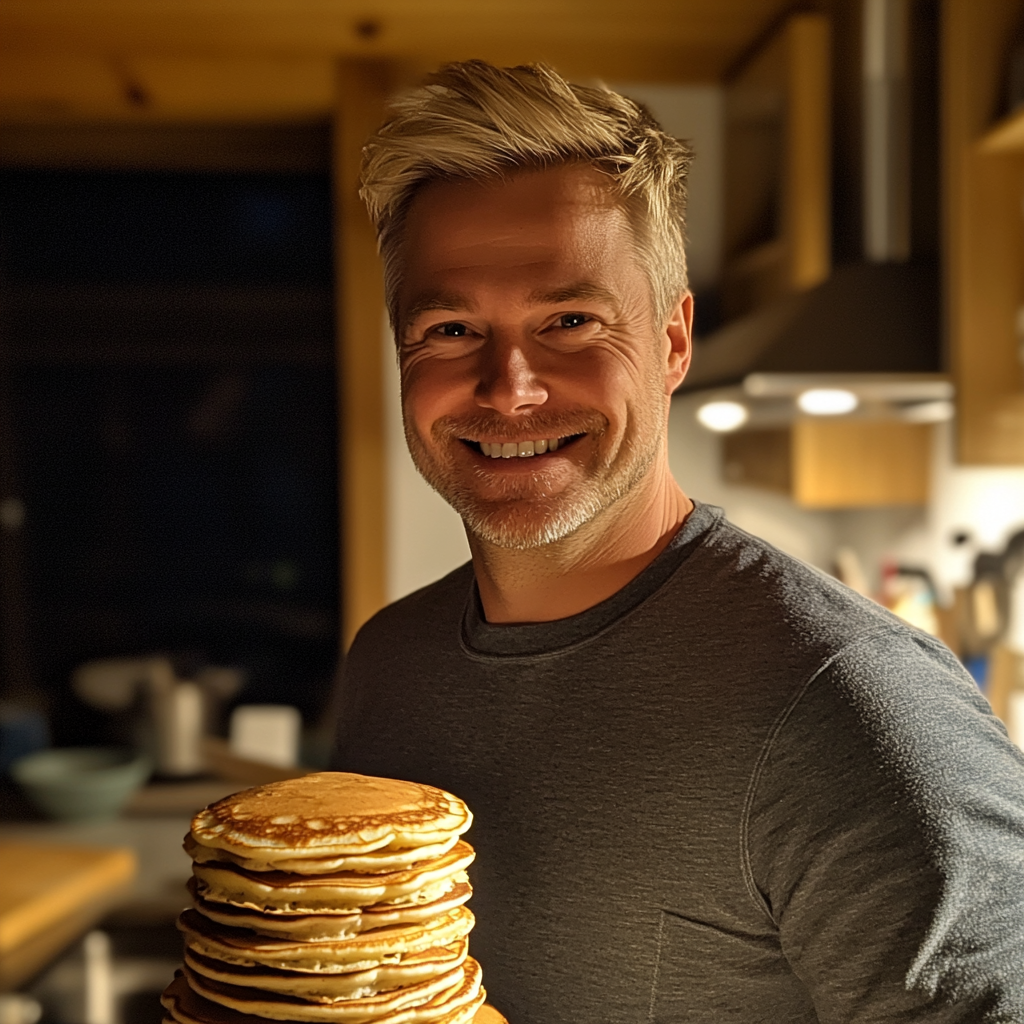 A man holding a stack of pancakes | Source: no source