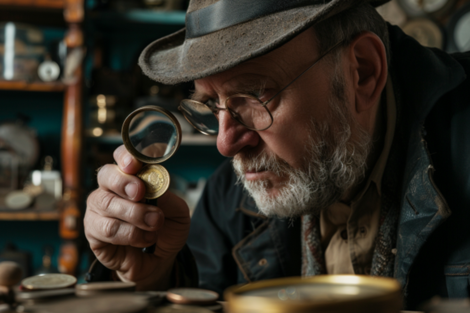 An antique store owner inspecting the coins | Source: No source