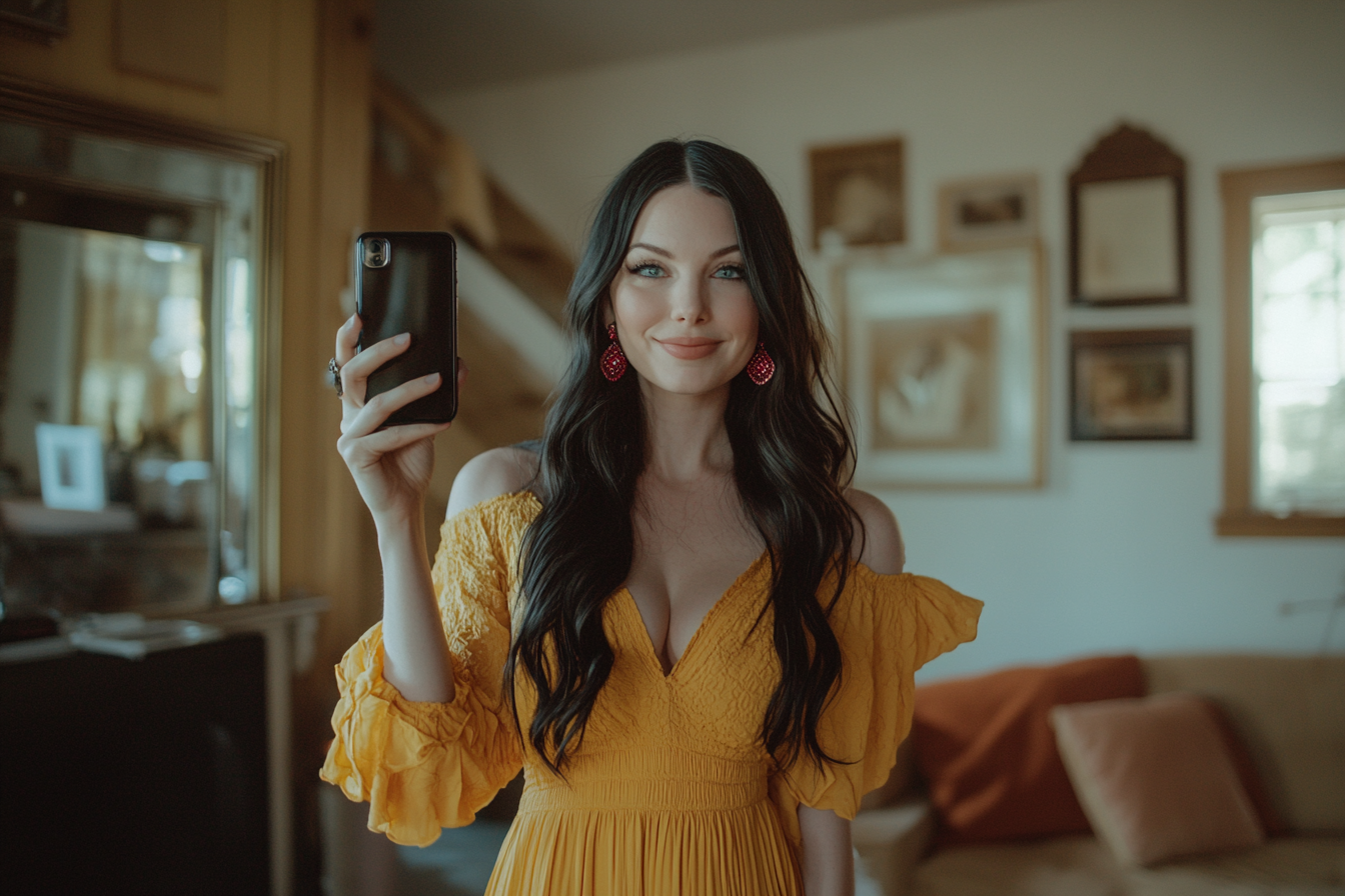 Woman in her 20s holding up her phone in a living room with a bright smile | Source: No source