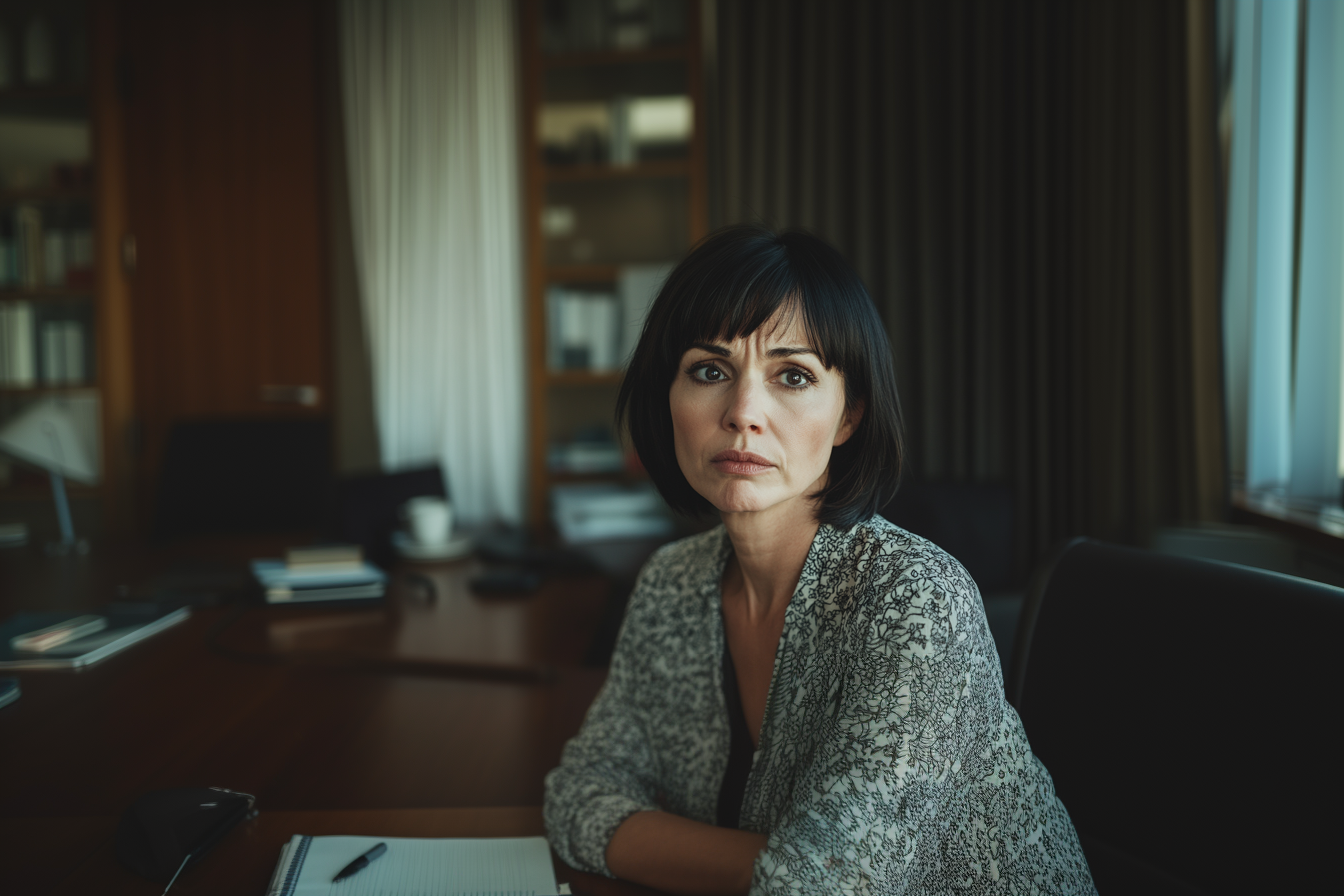 A woman seated at a desk in a lawyer's office | Source: No source