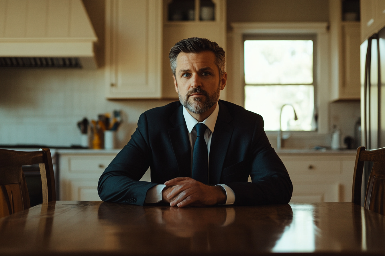 A serious man sitting at a kitchen table | Source: no source