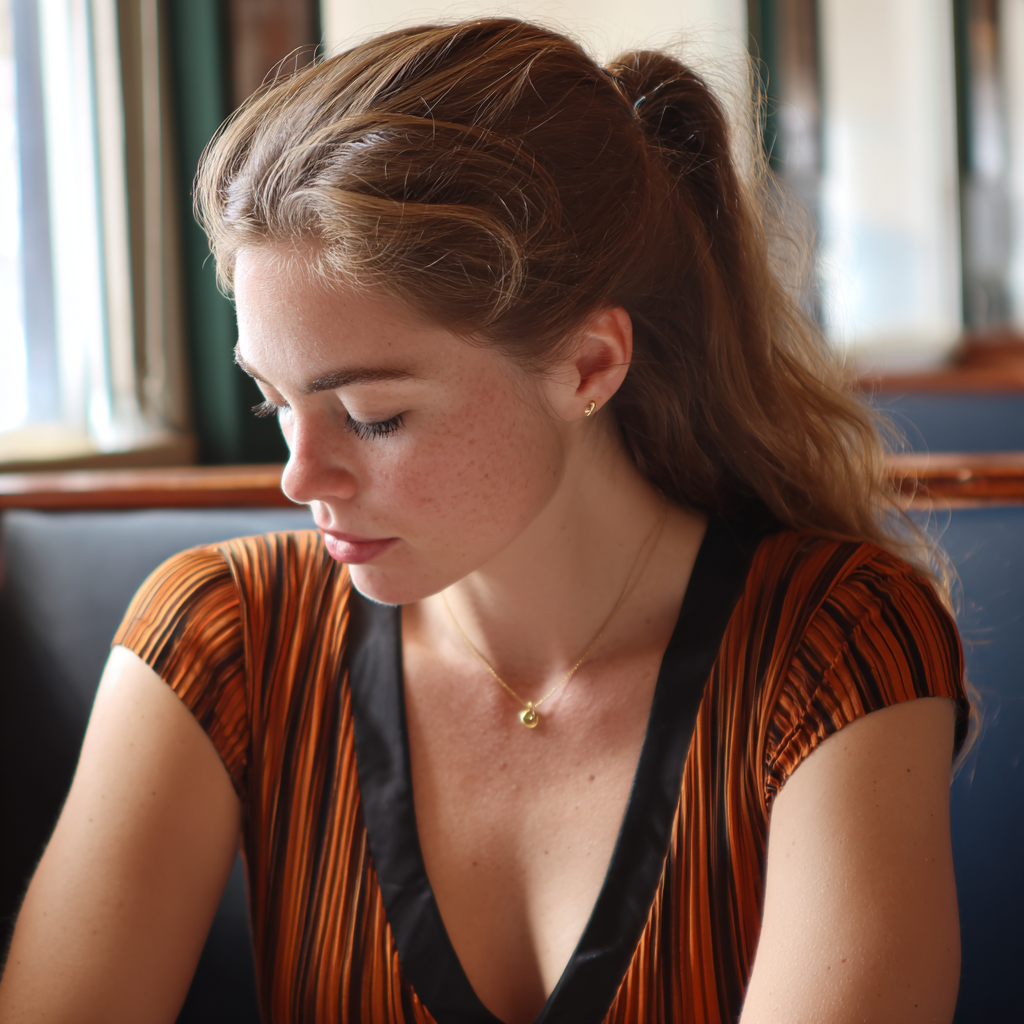 A young woman sitting at a table and looking down at her lap | Source: No source