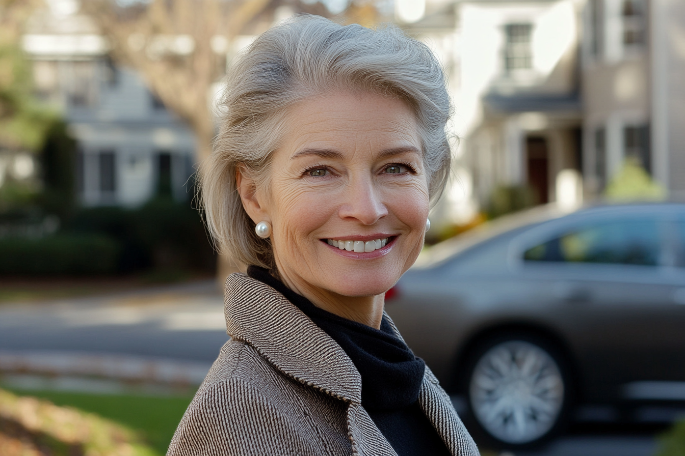 Elegant woman in her 60s smiling in her front yard | Source: no source