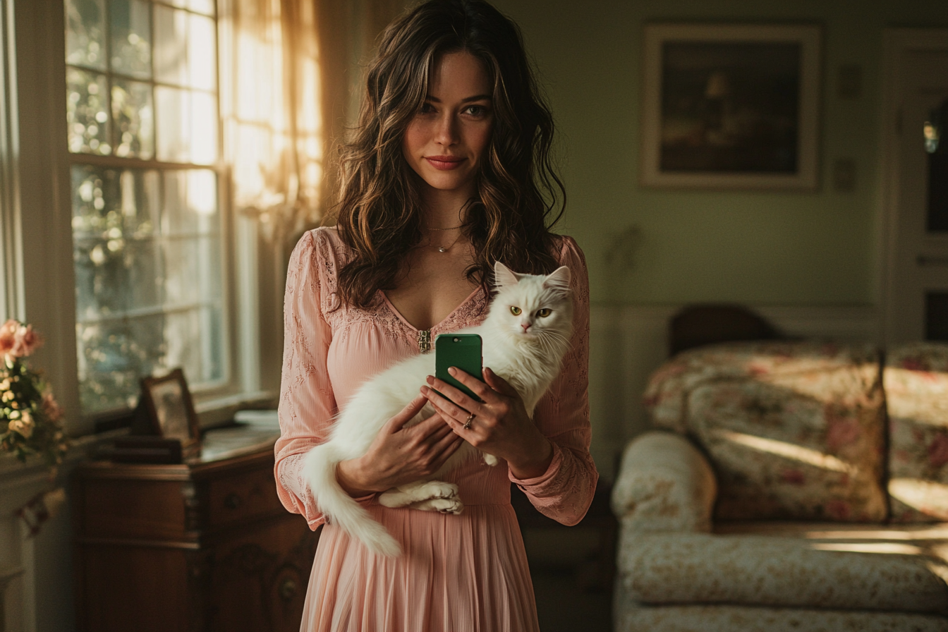 A woman standing in a living room, holding a cat and a phone, smiling | Source: No source