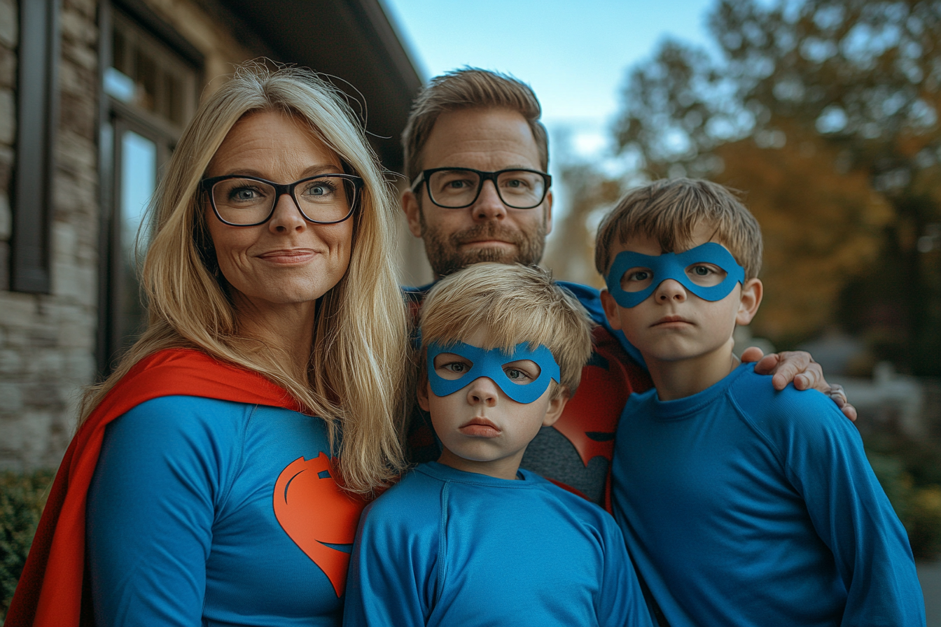 A happy family dressed as superheroes | Source: no source