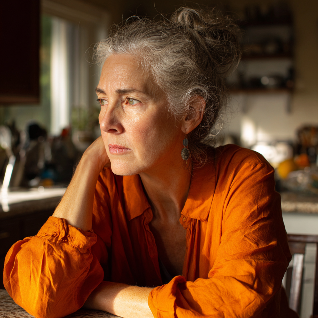 A concerned older woman sitting at a table | Source:  no source
