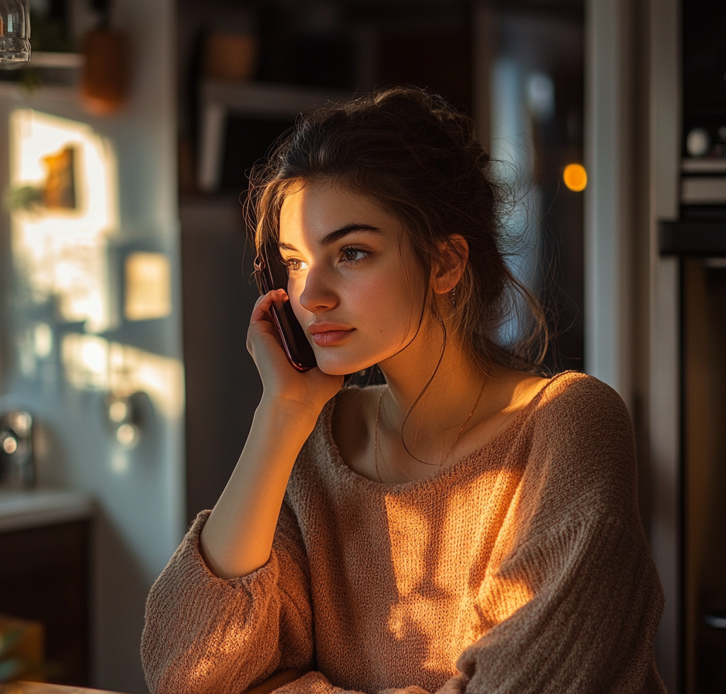 Woman in her kitchen making a phone call | Source: no source