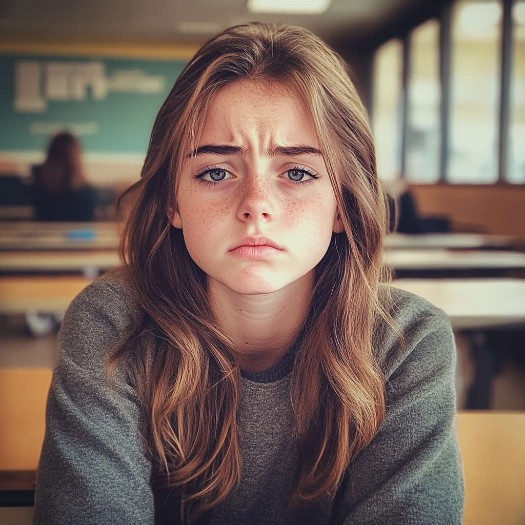 An upset girl sitting in a classroom | Source: No source