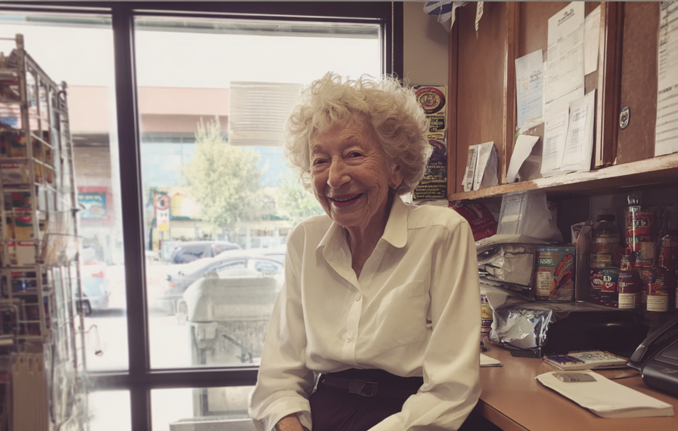 A smiling old woman sitting in an office | Source: no source