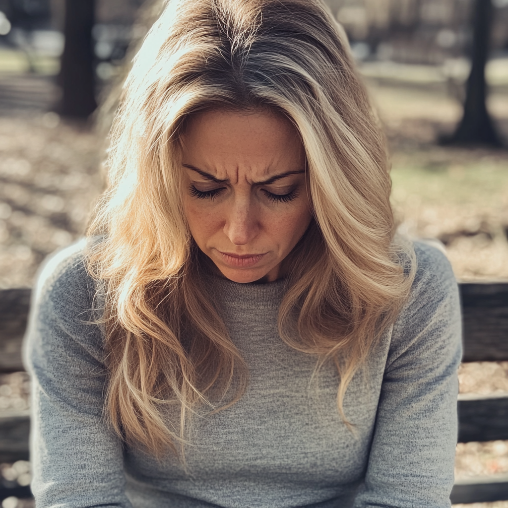A woman sitting on a bench with her head bowed down | Source: No source