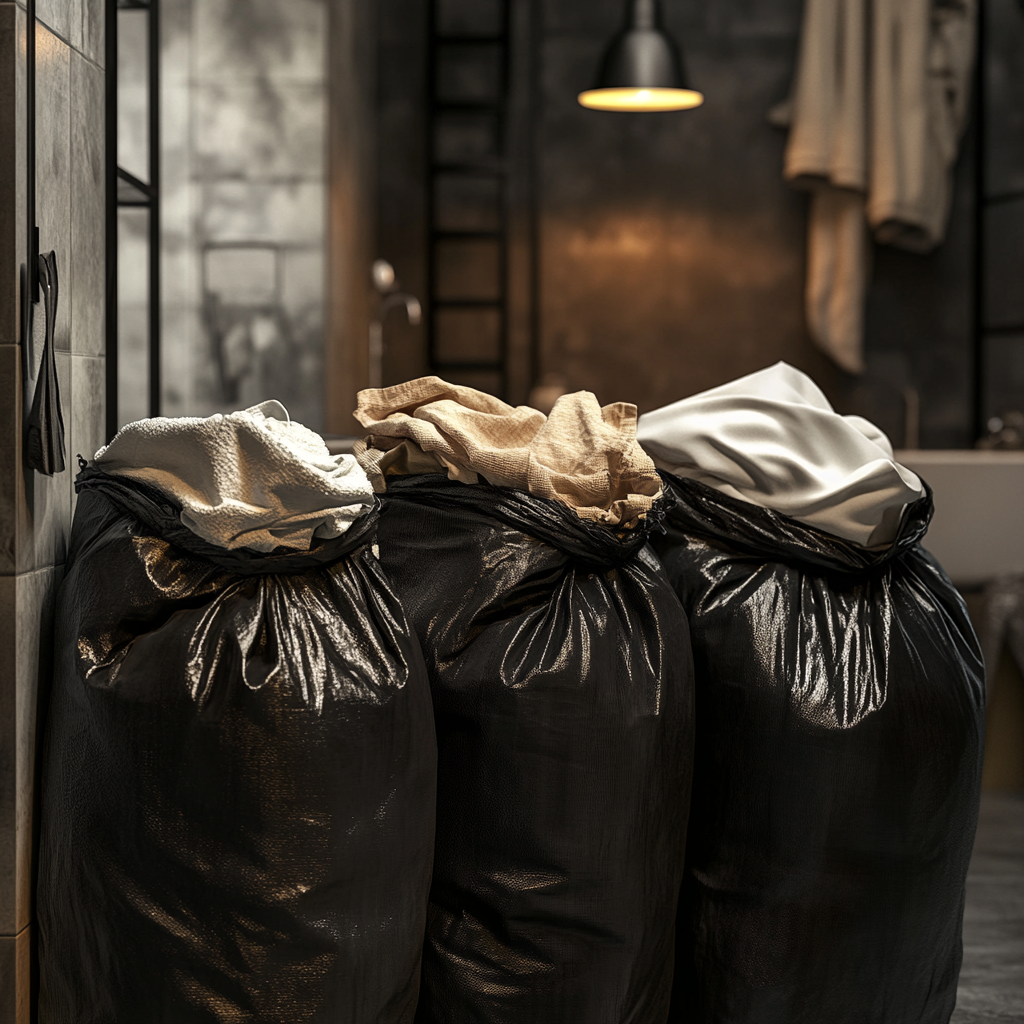 Three large garbage bags loaded with dirty laundry | Source: No source