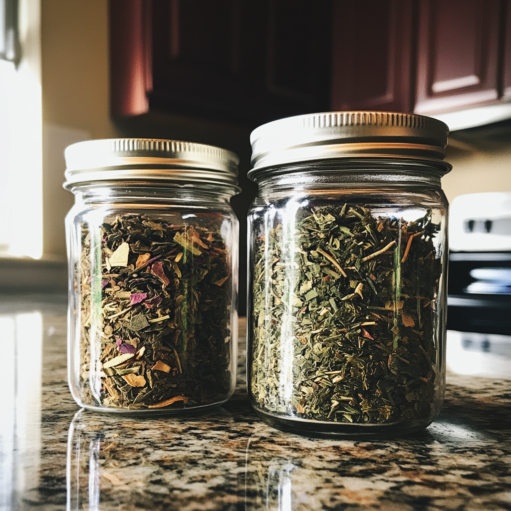 Two glass jars of tea leaves | Source: no source