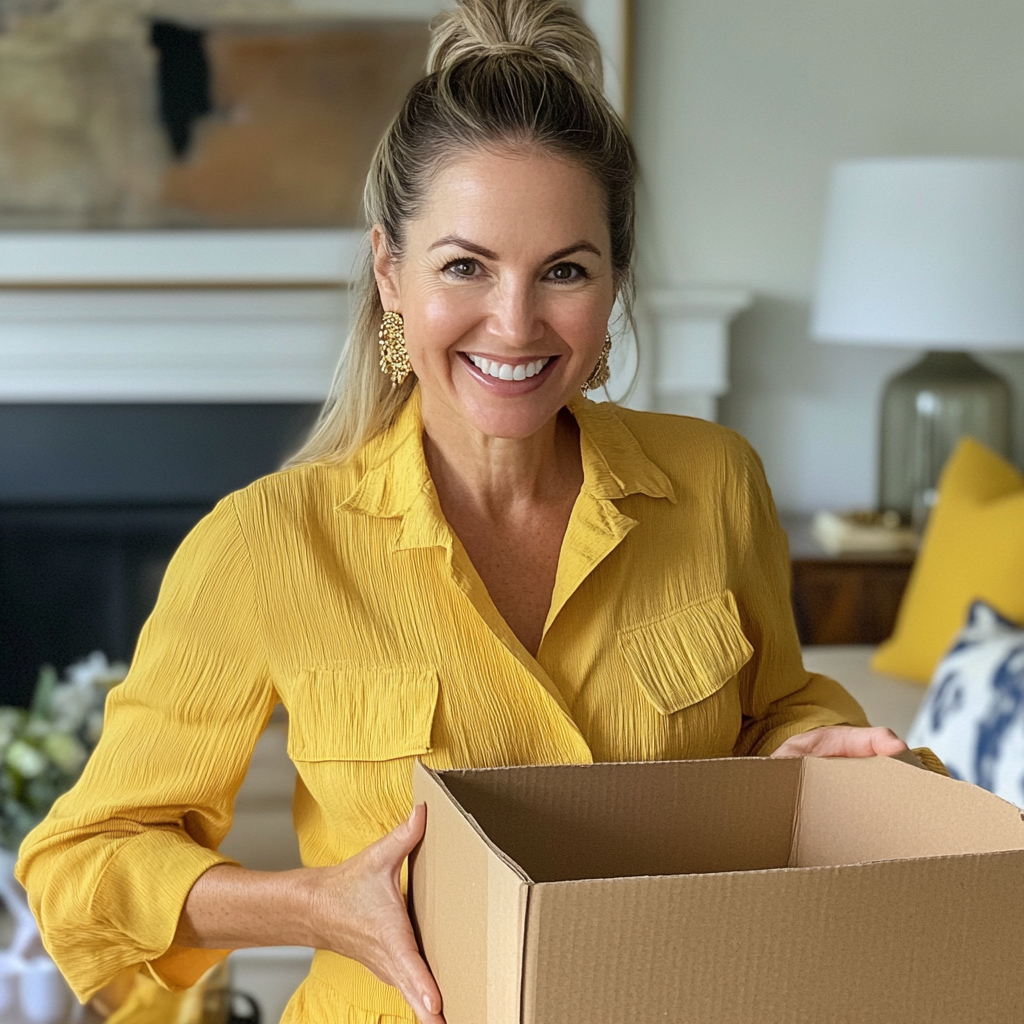 A smiling woman holding a box | Source: No source
