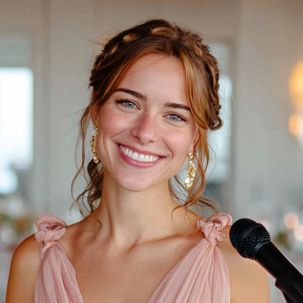 A smiling woman standing with a microphone | Source: no source