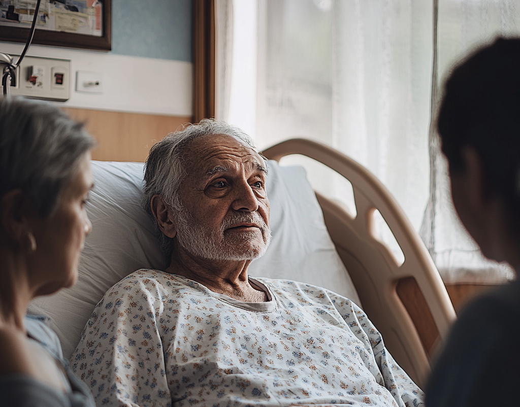 Hospitalized senior man talking to his family | Source: No source