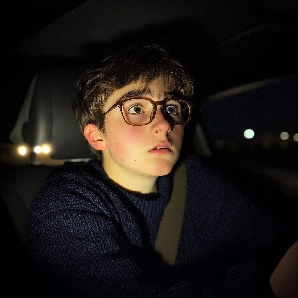 A scared young boy sitting in a car | Source: no source