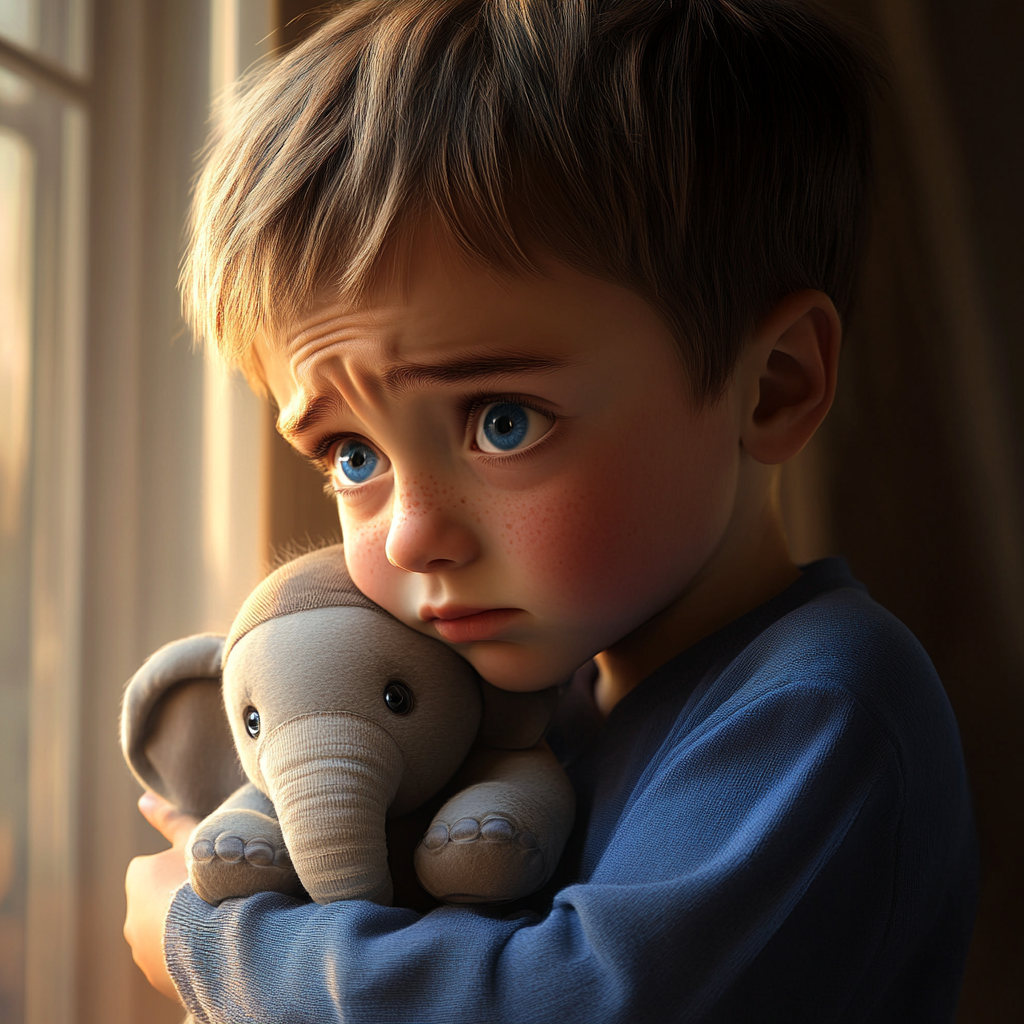 A sad little boy holding an elephant plushie | Source: no source