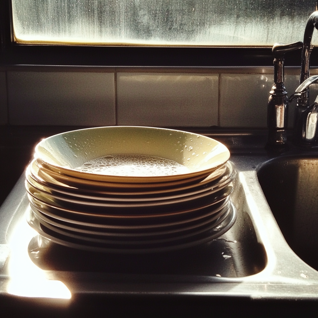 A pile of plates on a sink | Source: No source