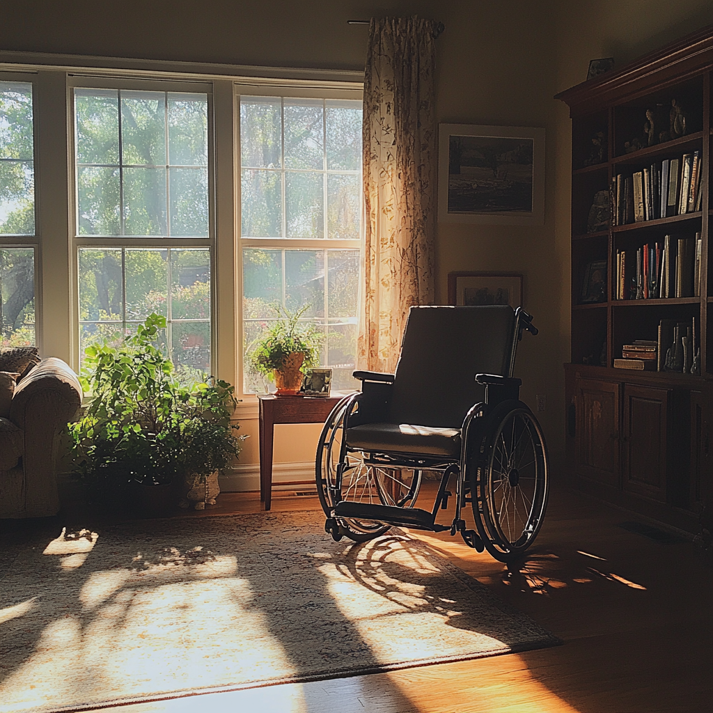 A wheelchair in a living room | Source: No source