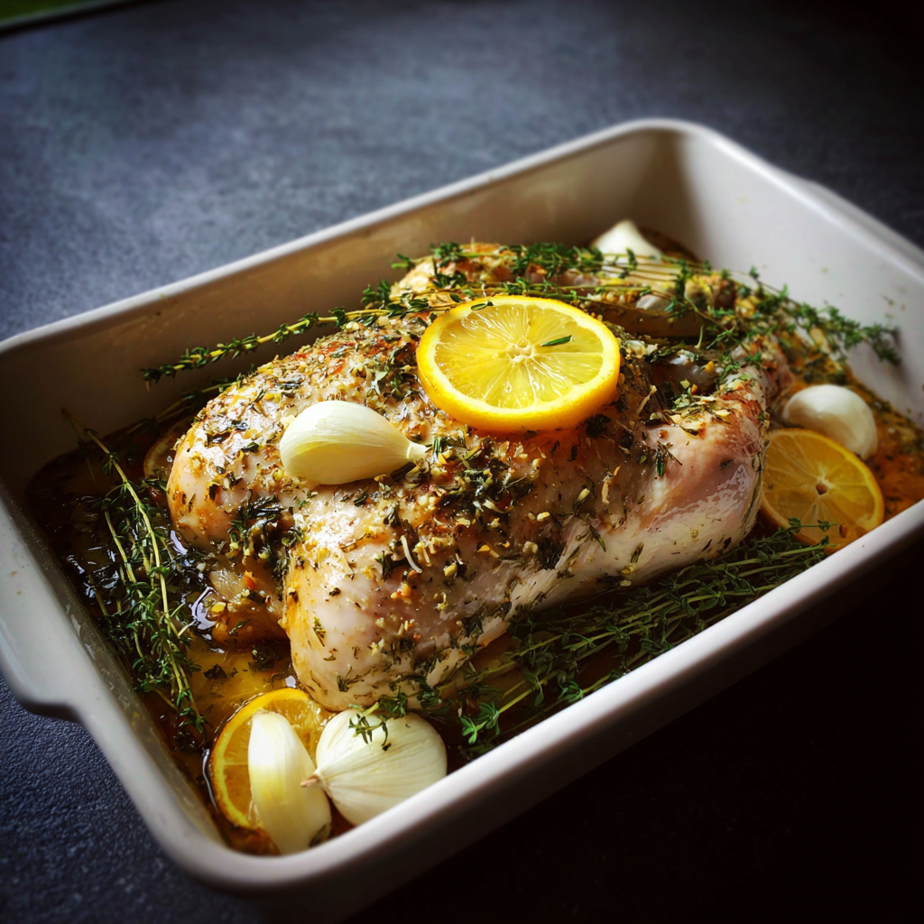 A chicken marinating in a dish | Source: No source